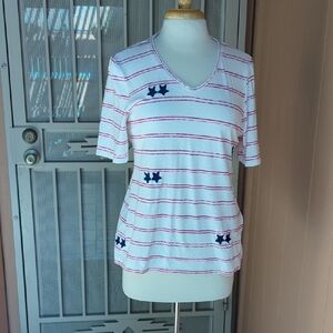 Chico's White Short Sleeve V-Neck Top with Red Stripes and Navy Star Accents